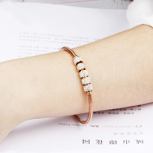 3mm rose gold stainless steel snake chain bracelet with five micro-pave crystal beads