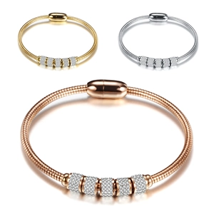 Fashion Stainless Steel Snake Bone Chain Bracelet With Rhinestone Beads Magnetic Clasp Elegant Jewelry For Women