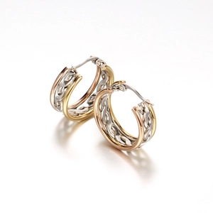 Three-tone braided hoop earrings in gold silver and rose gold stainless steel