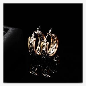 Detailed view of 304 stainless steel triple-color hoop earrings on a black gift box