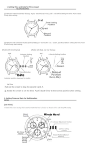 Detailed diagram of three-hand quartz watch structure and time setting instructions