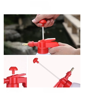 Macro detail of ergonomic pump handle and durable spray nozzle on garden sprayer