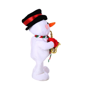 Side view of electric plush snowman toy playing golden saxophone with red scarf