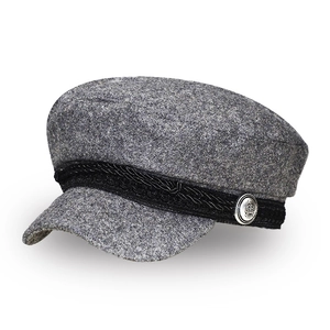 Grey patchwork wool newsboy cap with black braided strap and vintage silver button