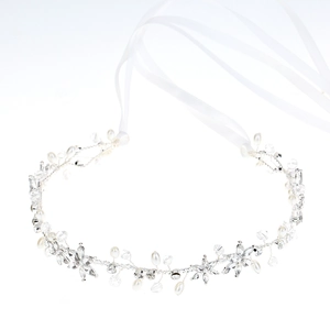 Bridal hair band with silver wire, sparkling crystals, white pearls and floral patterns