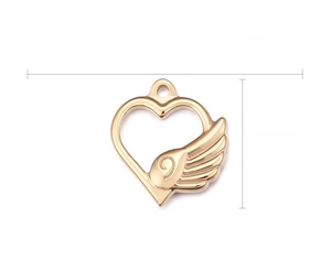 Detailed view of 18K gold plated heart wing pendant with 21mm width and 23mm height