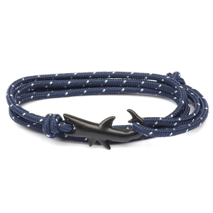 Navy blue and white nautical braided bracelet featuring a matte black shark clasp
