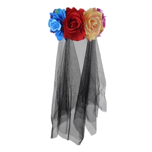 Detail of floral headband featuring blue, red, and orange roses with black mesh veil
