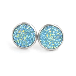 Detail of 12mm blue druzy stud earrings with sparkling resin in stainless steel frame