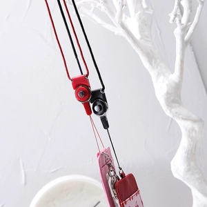 Red and black nylon lanyards with retractable reels and PU leather card holders