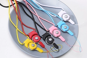 Close-up of colorful nylon ID lanyards with metal clasps in six different vibrant shades