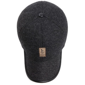 Men's wool baseball cap in dark grey with leather brim and vintage brand patch