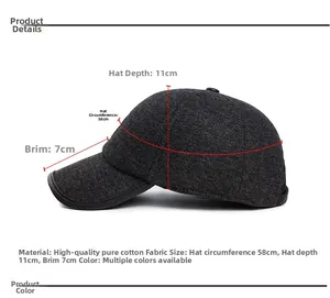 Detailed size measurement of men's dark grey cotton winter baseball cap with dimensions