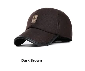 Detail of deep brown winter baseball cap with Ediko leather patch and wool texture