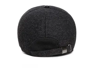 Rear view of dark grey winter baseball hat with adjustable metal buckle and warm wool fabric