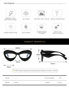 Detailed sizing chart and technical dimensions for oversized cat-eye blue light glasses