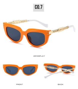Detailed multi-angle views of orange cat-eye sunglasses with gold metal chain temples