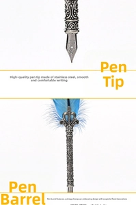 Detail of vintage blue feather pen with engraved silver metal barrel and stainless nib