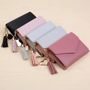 Women Short Wallet PU Leather Lychee Pattern Foldable Envelope Tassel Heart Pendant Elegant Card Purse For Girls