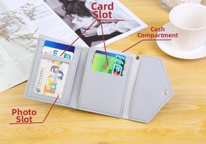 Detailed interior of grey bifold wallet showing card slots, photo window and cash pocket
