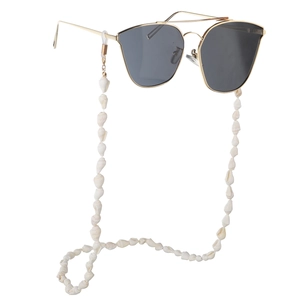 Gold frame sunglasses with natural white seashell lanyard and dark lenses