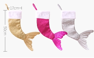 Detail of 50cm mermaid tail Christmas stockings in sequins with plush cuff and dimensions