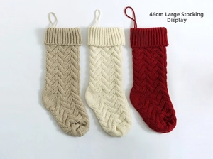Detail of 46CM large cable knit Christmas stockings in khaki, cream and red colors