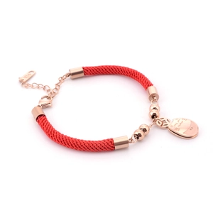 Lucky cat 18K rose gold red braided bracelet featuring a coin charm and beads