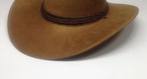 Close-up of brown suede cowboy hat featuring detailed triple-strand braided rope band