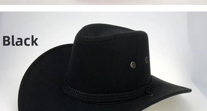 Detail of black faux suede cowboy hat showing braided rope and bronze metal eyelets