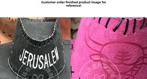 Detailed view of western suede cowboy hats with hand-stitched leather cord and logo patterns