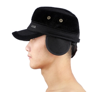 Winter men's black wool flat top hat with faux fur ear flaps and JEANS metal tag
