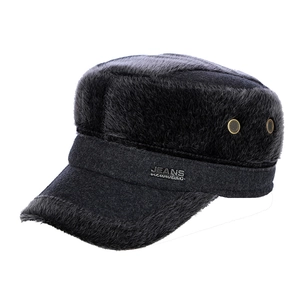Winter thermal thick wool flat top hat with faux rabbit fur and ear flaps in dark grey
