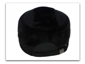Detail view of winter flat cap back with metal adjustment buckle and faux fur trim