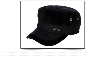Detail of the black winter military hat with faux fur trim and metal side vents