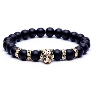Lava stone bead bracelet with a gold leopard head and sparkling rhinestone spacers