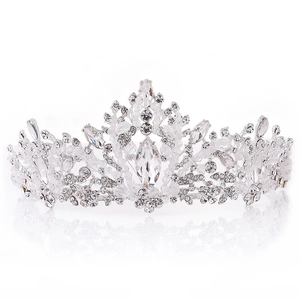 Macro view of silver bridal crown with crystals and leaf-shaped marquise cut stones