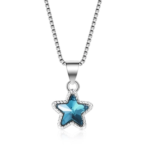 Minimalist silver box chain necklace with a small blue star crystal pendant on white back