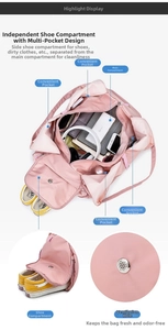 Pink yoga duffel bag detail showing the separate shoe compartment for wet dry separation