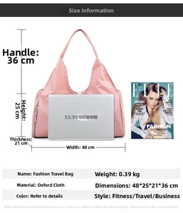 Detailed size comparison of pink yoga travel bag with a 13.3 inch laptop