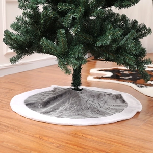 90cm grey Christmas tree skirt with white plush trim and elegant embroidery for holiday decor
