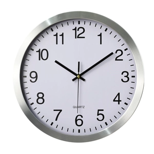 Modern 14-inch silent stainless steel wall clock with brushed silver frame and white dial