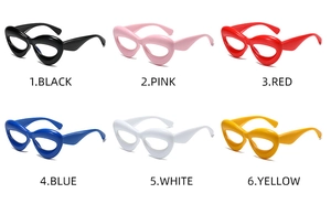 Collage of Y2K alien-style thick frame glasses in six vibrant candy colors
