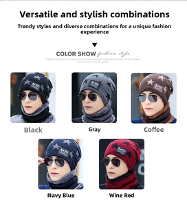 Close-up of winter knit beanie and neck warmer set in five different colors with star pattern