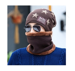 Close-up of brown knit beanie with star pattern and fleece-lined winter neck warmer set