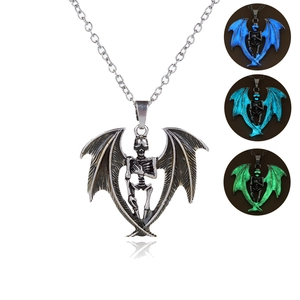 Luminous winged skull necklace for men and women featuring three night glow light colors
