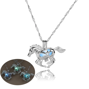 Luminous dragon horse pendant necklace with glowing blue and green stones on silver chain