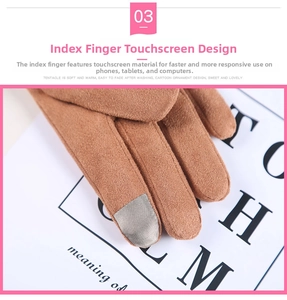 Detailansicht des Touchscreen-Gewebes an braunen Wildleder-Winterhandschuhen für Damen