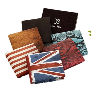 Retro men's short wallets with flag prints and textures including branded gift box