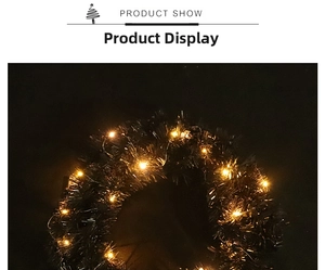 Detail of black PVC wreath with warm LED lights for Halloween and Christmas decor